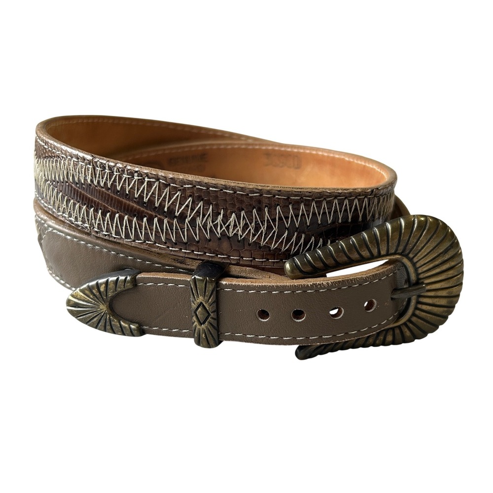 Justin Brown Genuine Lizard Western Belt Made in USA Zig Zag Stitch Size 32